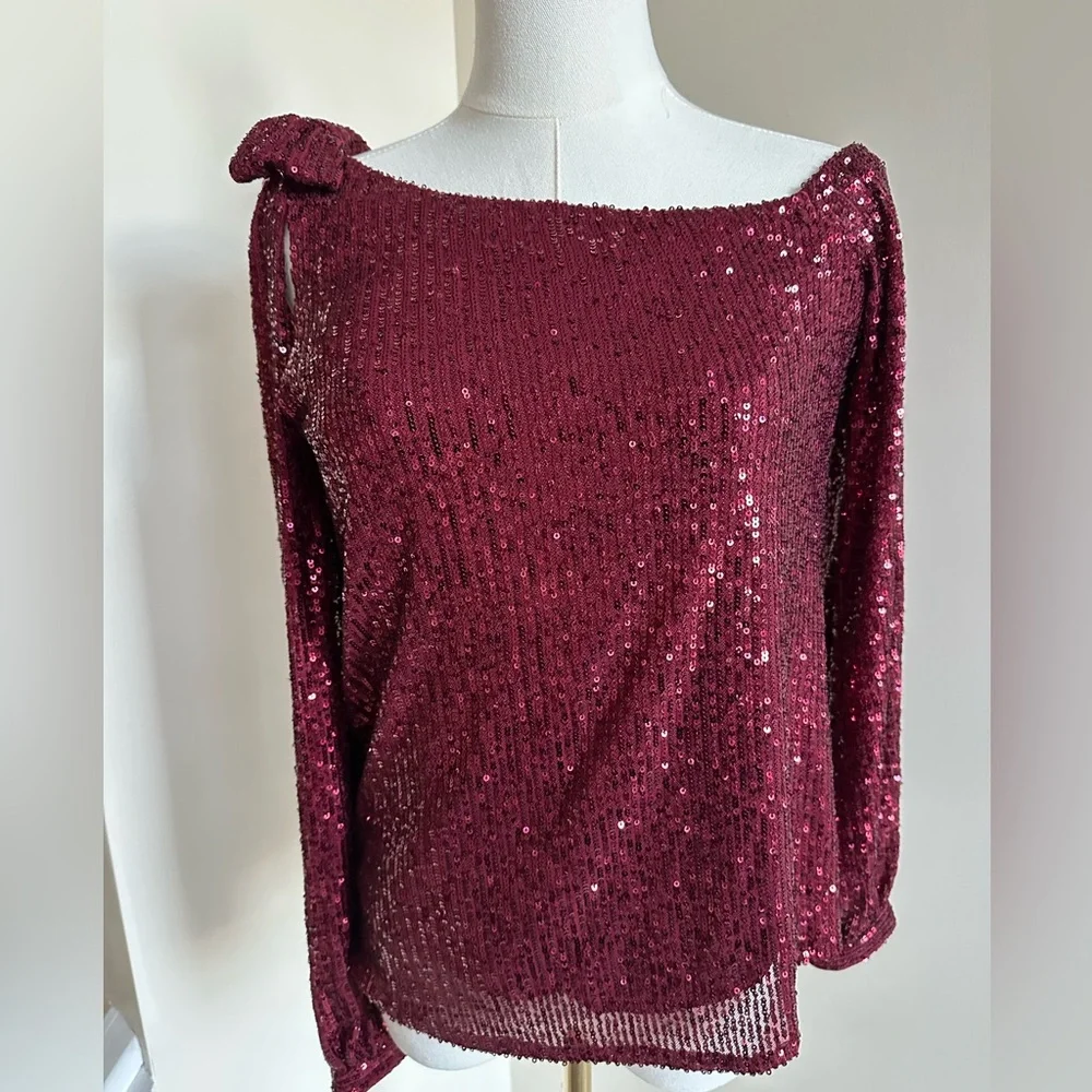 CeCe Burgundy Sequin Top- X-Small
